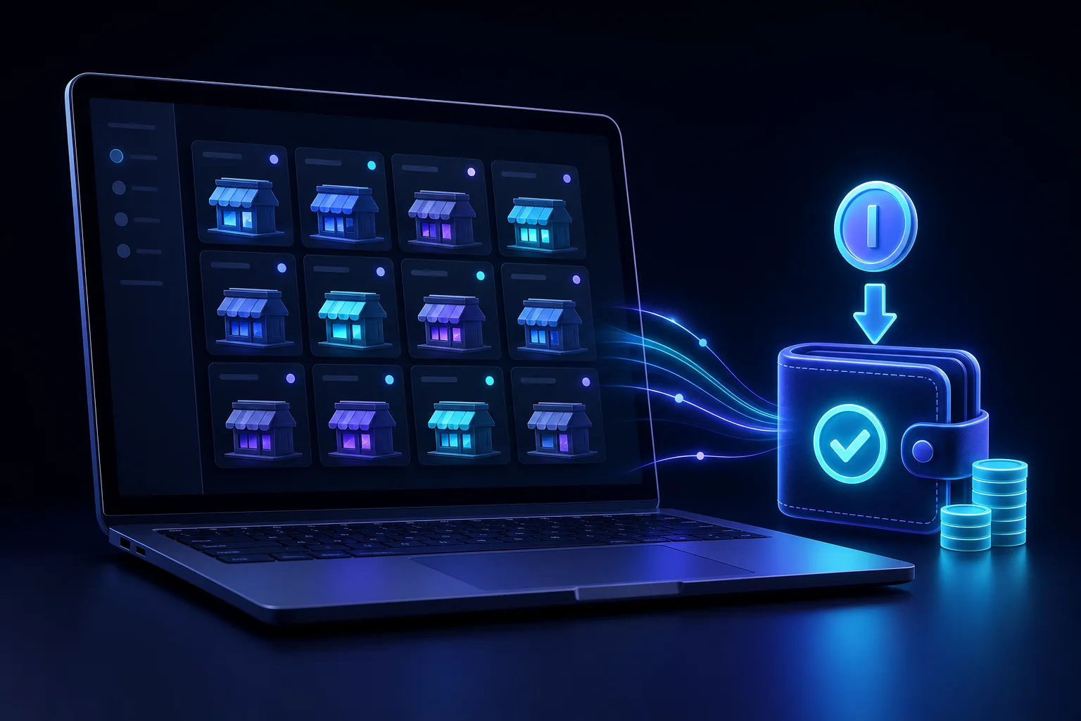 Illustration: an affiliate network dashboard aggregating many brands into a single login and one consolidated payout