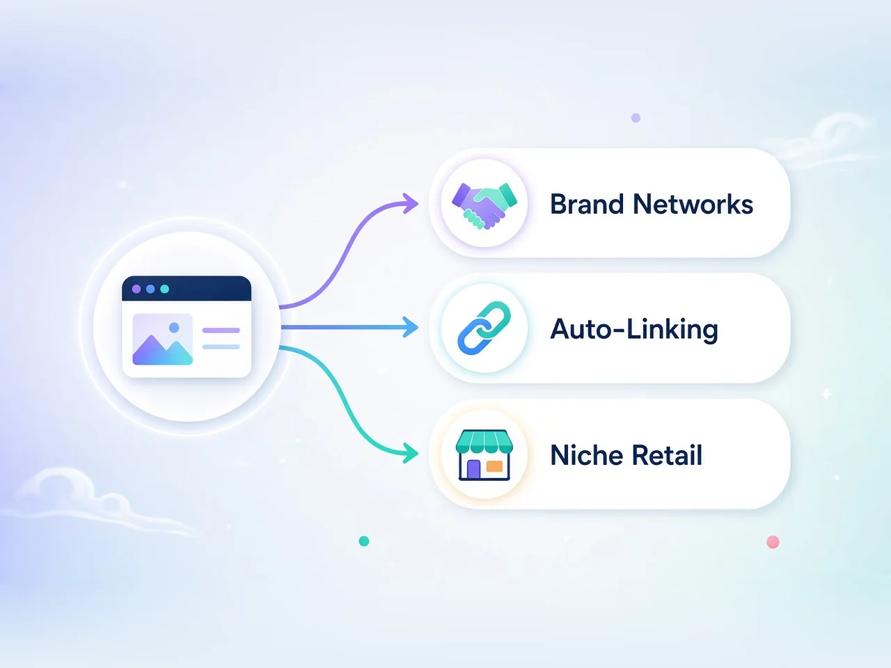 Flow from a website to three paths: brand networks, auto-linking and niche retail