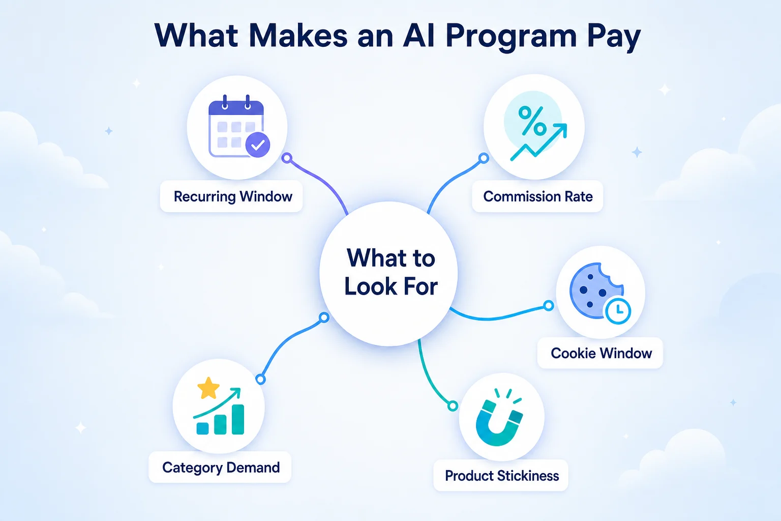 Hub-and-spoke diagram of what to look for in an AI affiliate program: recurring window, commission rate, cookie window, product stickiness, category demand