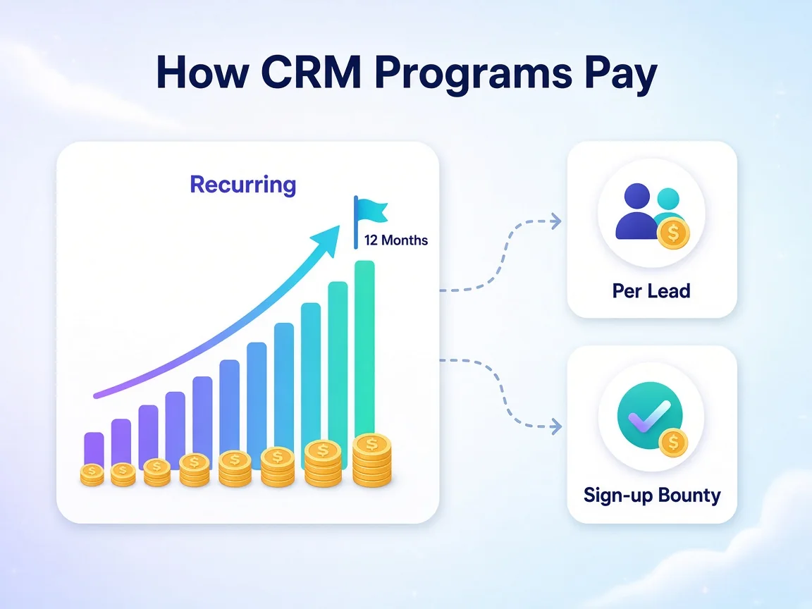 Two payout paths compared: a recurring commission staircase rising over twelve months versus a single bounty payment and a per-lead payment