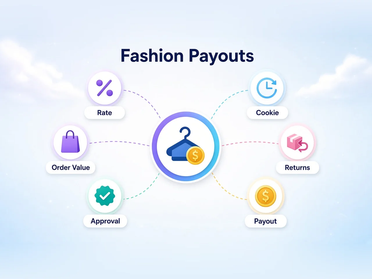 Hub and spoke diagram with a central fashion commission circle connected to badges for rate, cookie, AOV, returns, approval and payout