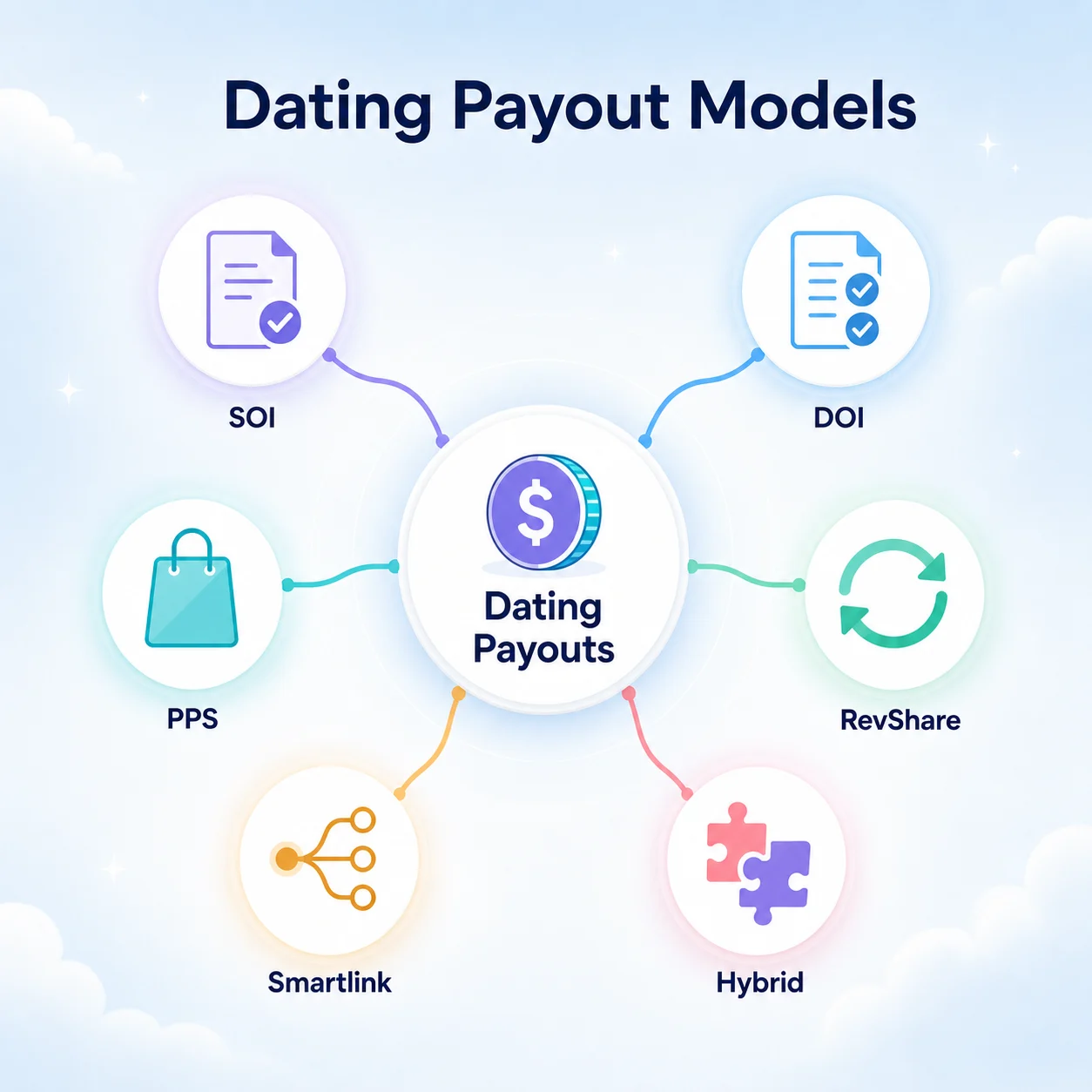 Affground concept diagram: dating affiliate payout models — single opt-in, double opt-in, pay per sale, revenue share, smartlink and hybrid