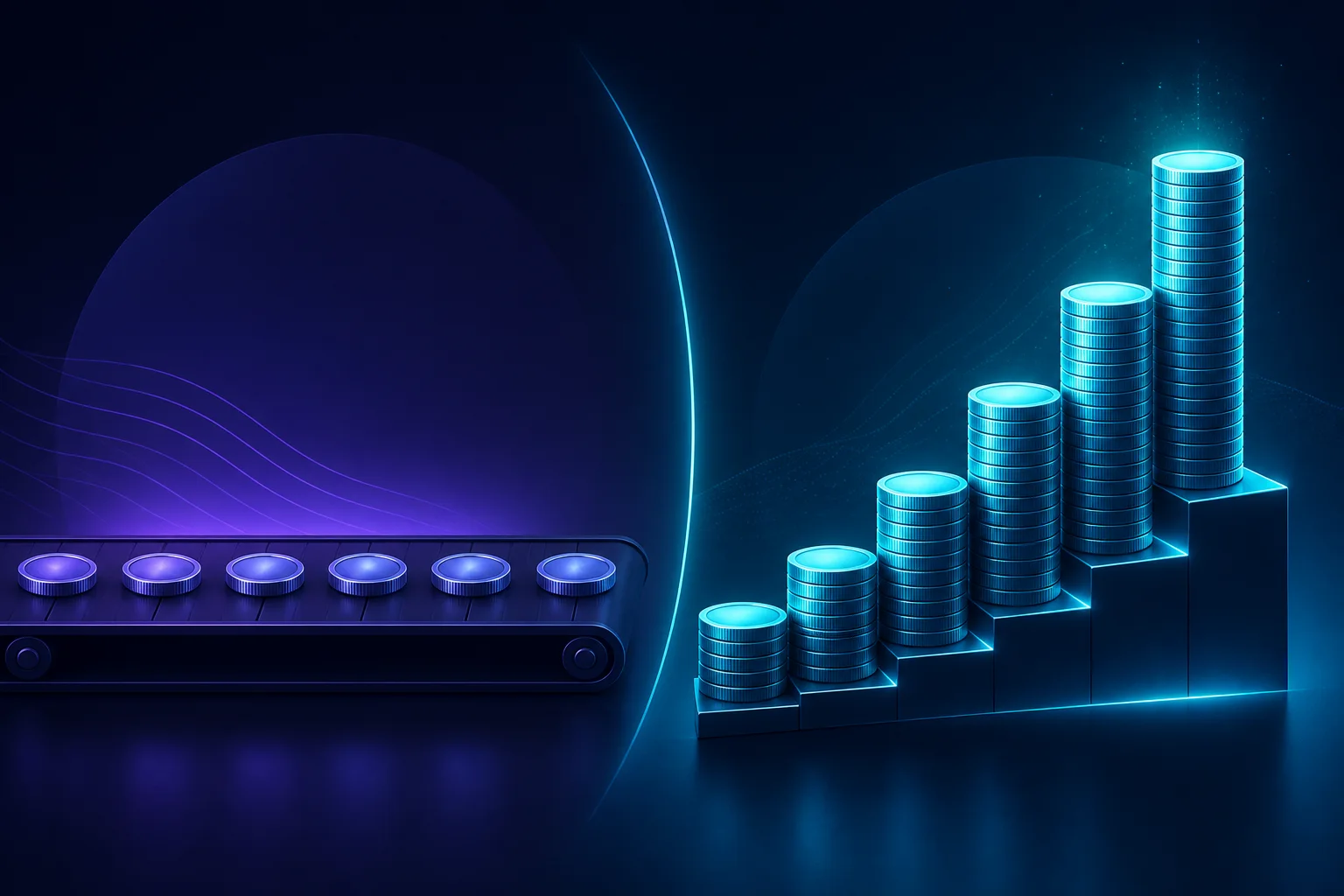 Illustration: a treadmill of single one-off coins beside a rising staircase of compounding recurring income