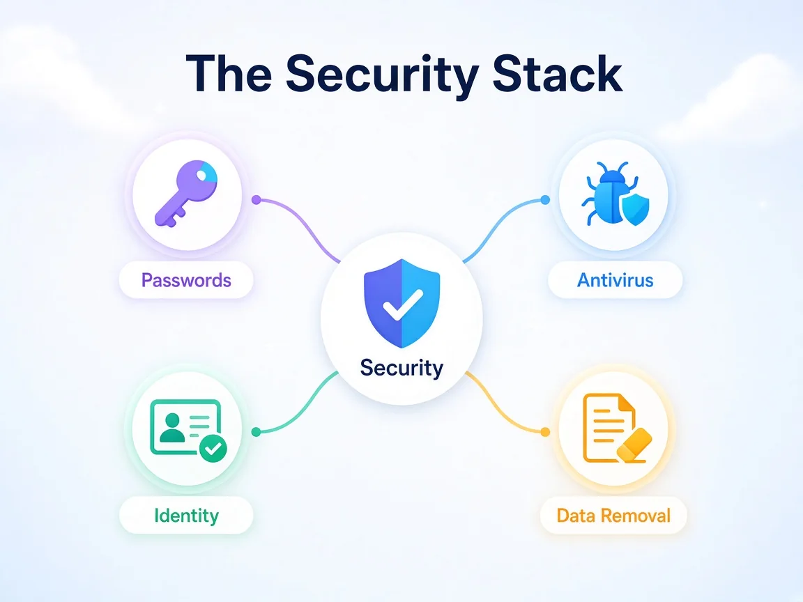 Hub diagram of the consumer security stack: passwords, antivirus, identity and data removal