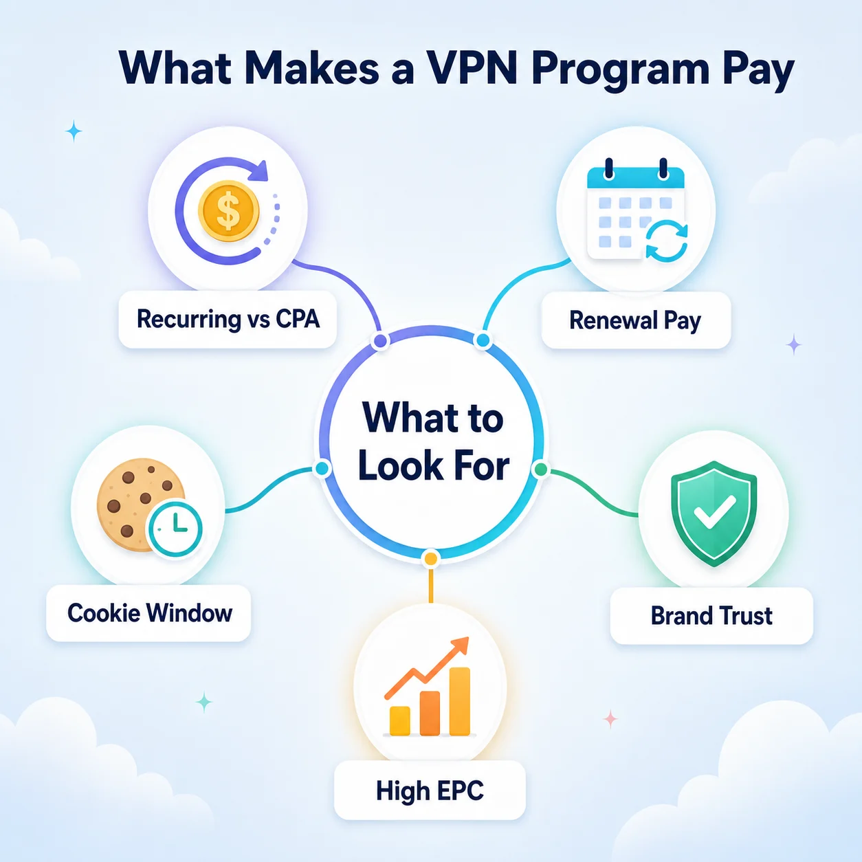 Hub-and-spoke diagram of what to look for in a VPN affiliate program: recurring vs CPA, renewal pay, cookie window, brand trust, high EPC