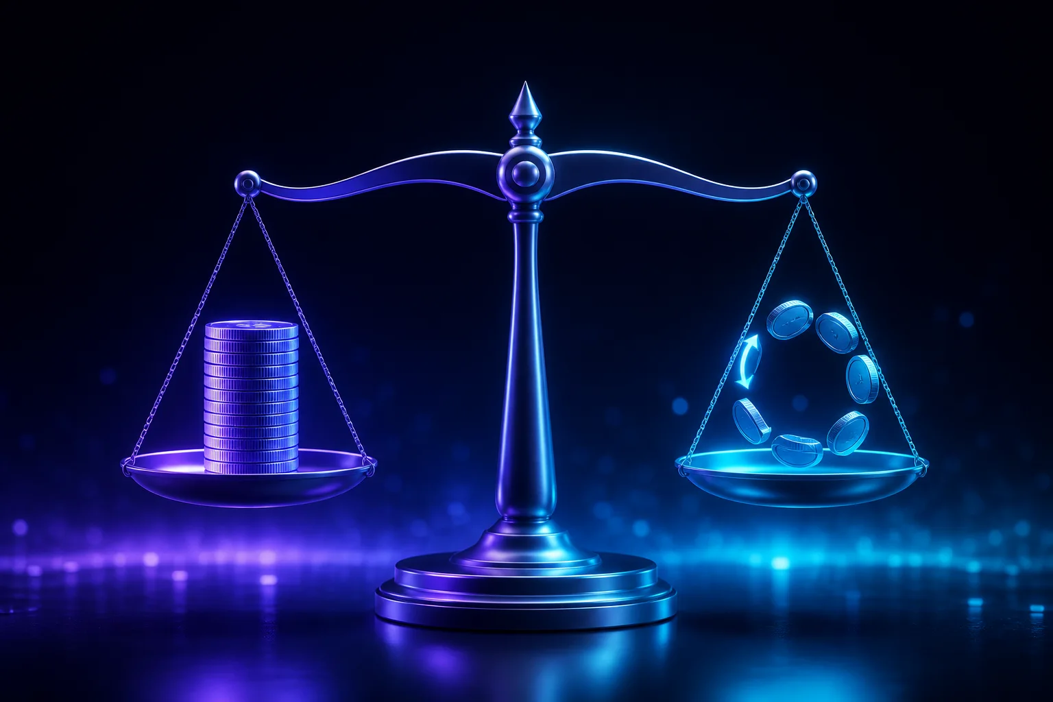 Illustration: a balance scale weighing an upfront stack of coins against a recurring loop of coins
