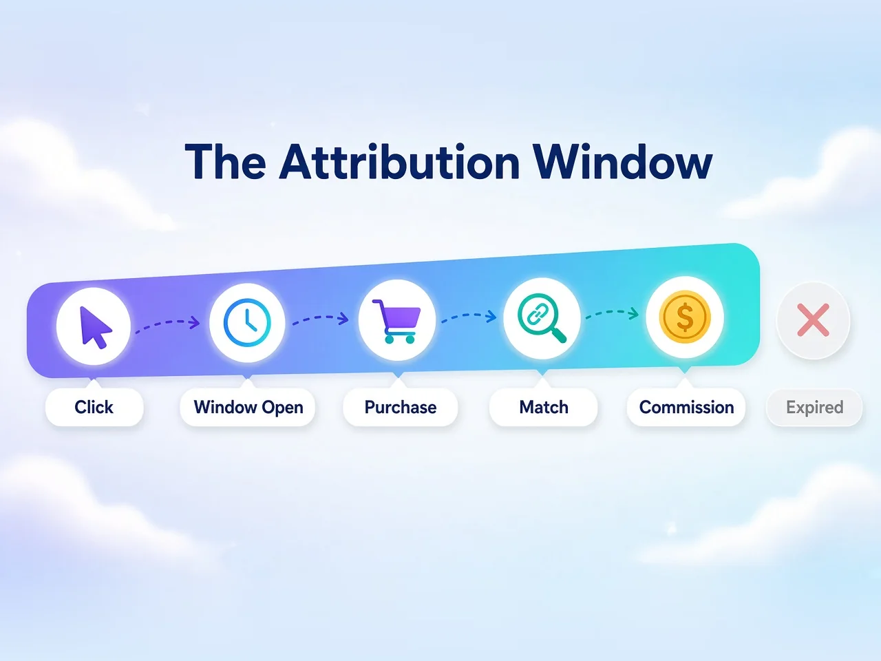 Timeline diagram: click, window open, purchase, match and commission along a rising band, with an expired marker after it
