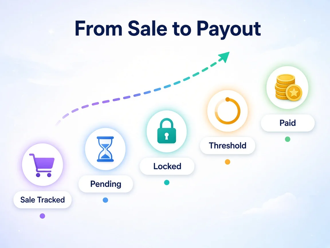 Five-stage flow from tracked sale to pending, locked, threshold check and paid