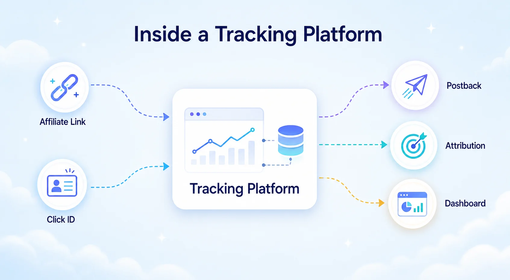 Diagram of a tracking platform: affiliate link and click ID feed into a central tracking platform, which outputs postback, attribution and dashboard