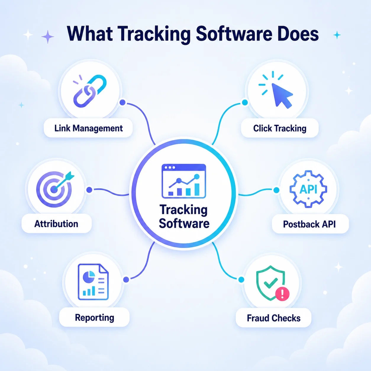 Hub-and-spoke diagram of tracking software components: link management, click tracking, attribution, postback API, reporting, fraud checks