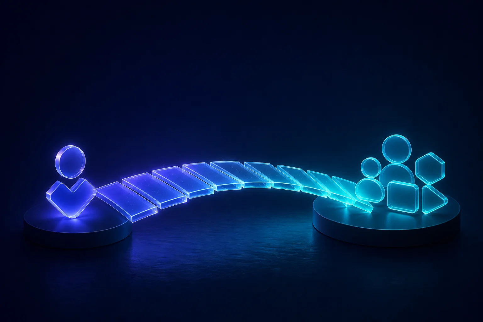 Illustration: a transparent bridge connecting a brand to a network of publishers, built from clear panels