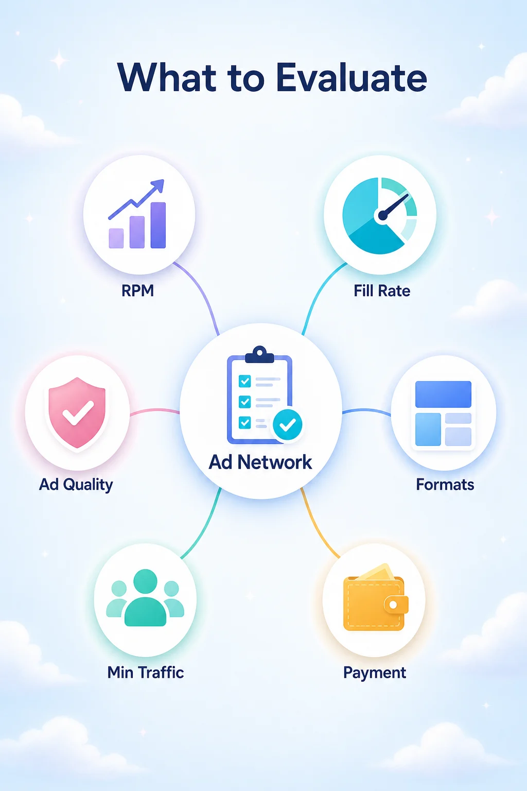 Affground concept diagram: what to evaluate in an ad network — RPM, fill rate, ad formats, payment terms, traffic minimums and ad quality