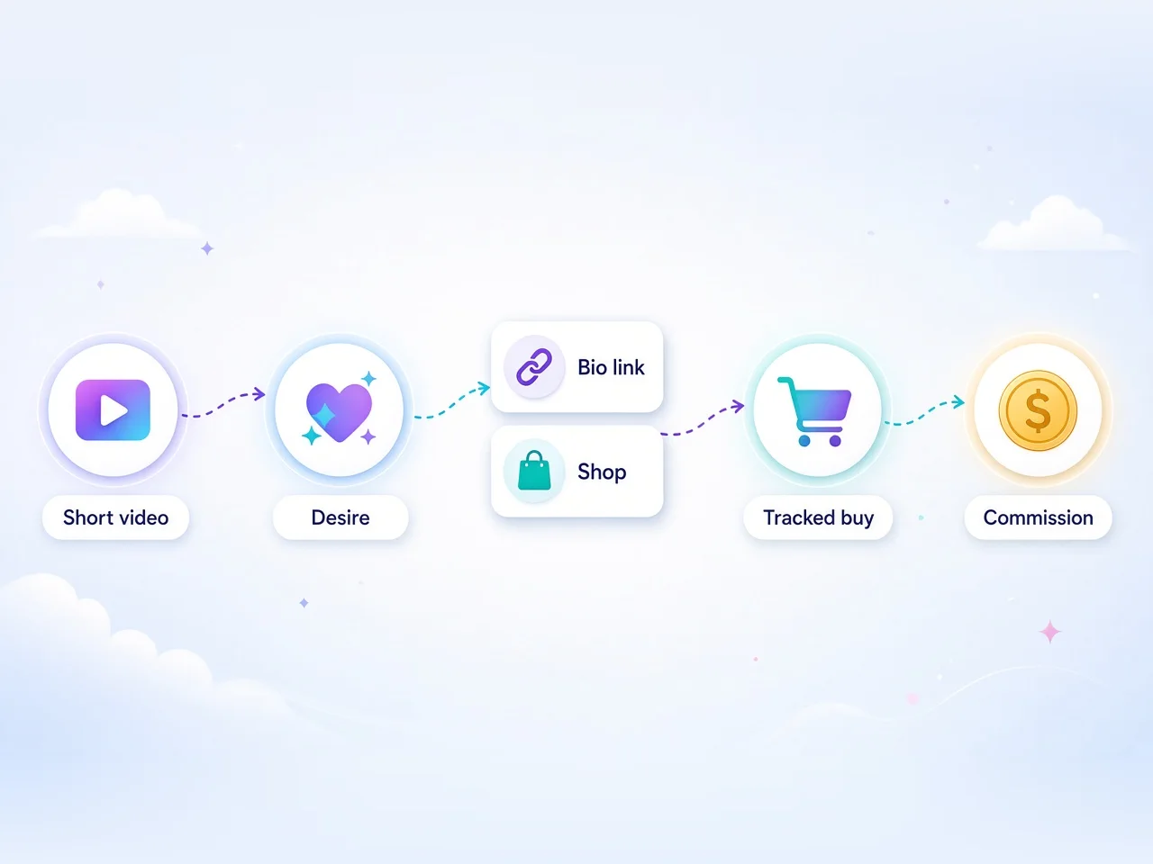 How TikTok affiliate marketing works — short video creates demand, viewer taps bio or Shop, tracked purchase pays a commission