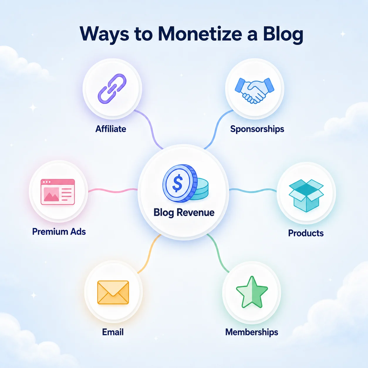 Affground concept diagram: ways to monetize a blog without AdSense — affiliate, sponsorships, digital products, memberships, email and premium ads all feeding blog revenue