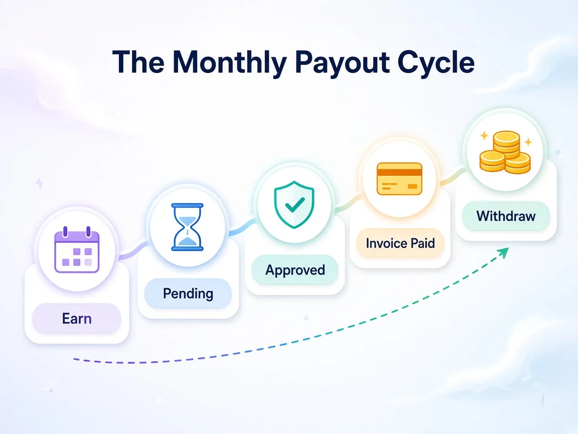 Five-step staircase showing earn, pending, approved, invoice paid and withdraw
