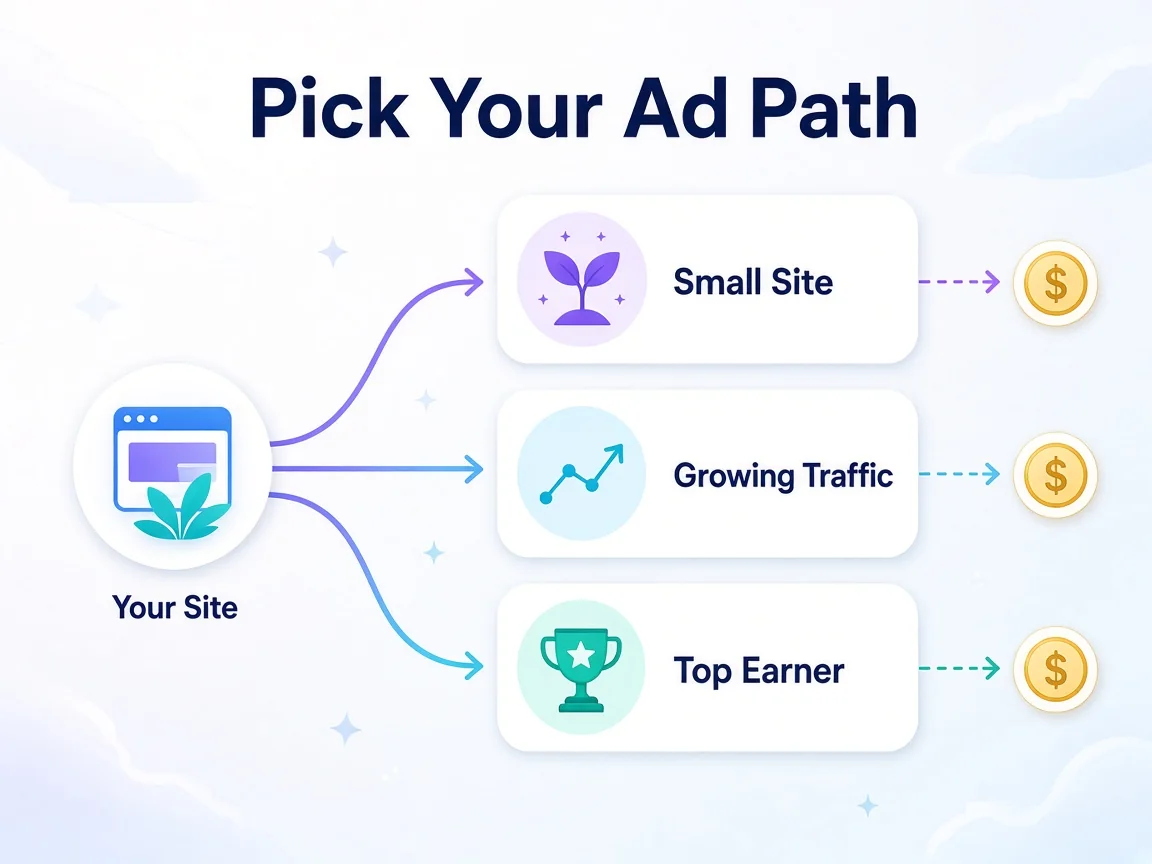 Decision diagram routing a site by traffic, revenue and terms toward the better-fit ad manager