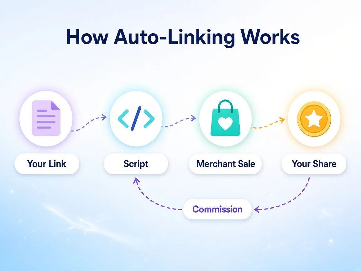 Flow from an ordinary product link through a sub-affiliate script to a merchant and back as commission