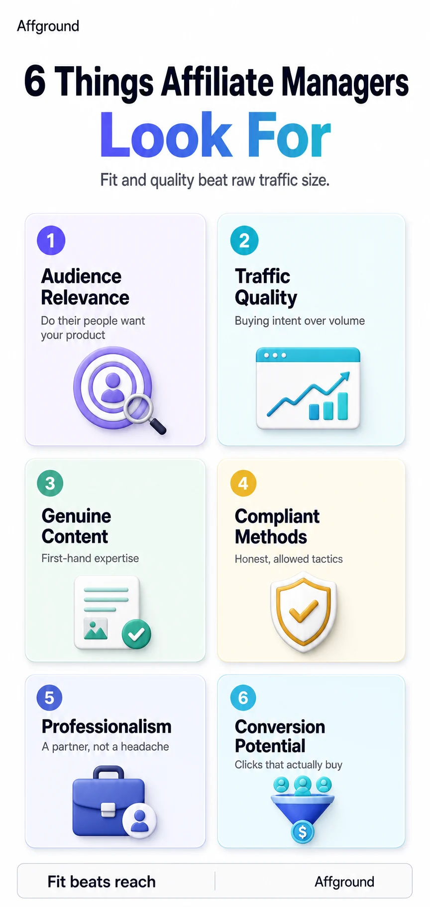 Affground infographic: what affiliate managers look for in publishers — audience relevance, traffic quality, genuine content, compliant methods, professionalism and conversion potential
