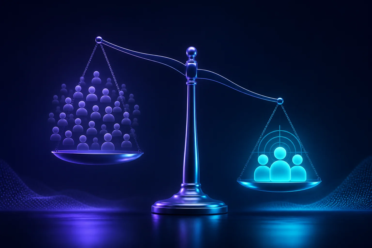 Illustration: an affiliate manager weighing a large low-quality audience against a small, perfectly matched high-intent audience on a balance scale