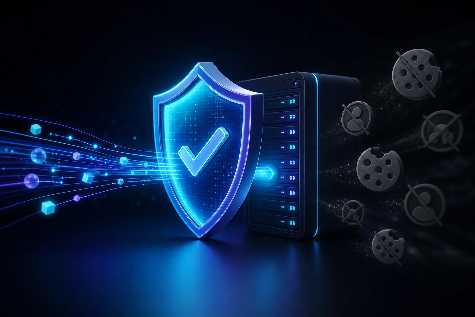 Illustration: a privacy shield protecting first-party data flowing into a server while blocked third-party cookies drift away